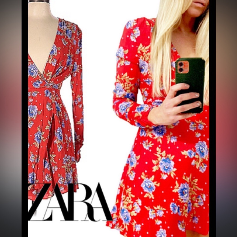 Zara Red Floral Wrap Mini Dress – Size XS (EUC)